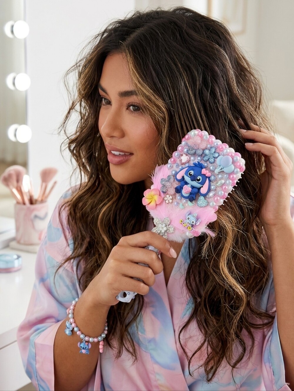 Stitch Handheld Hair Brush Embellished Decorated Pink White